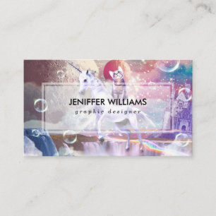 Rainbow galaxy cat riding unicorn in space.        business card