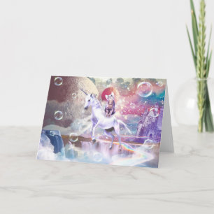 Rainbow galaxy cat riding unicorn in space.        card