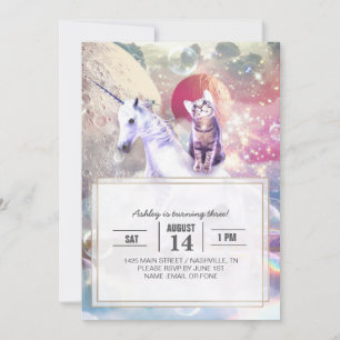 Rainbow galaxy cat riding unicorn in space.        invitation