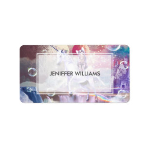 Rainbow galaxy cat riding unicorn in space. label