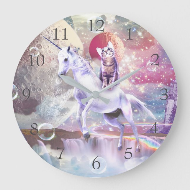 Rainbow galaxy cat riding unicorn in space.        large clock (Front)