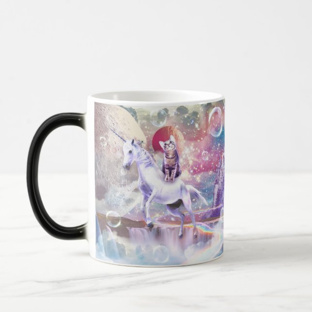Rainbow galaxy cat riding unicorn in space.        magic mug (Left)