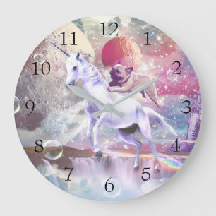 Rainbow galaxy pug riding unicorn in space. large clock
