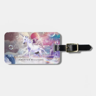 Rainbow galaxy pug riding unicorn in space. luggage tag