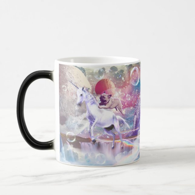 Rainbow galaxy pug riding unicorn in space.        magic mug (Left)