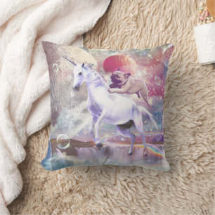 Rainbow galaxy pug riding unicorn in space. throw pillow