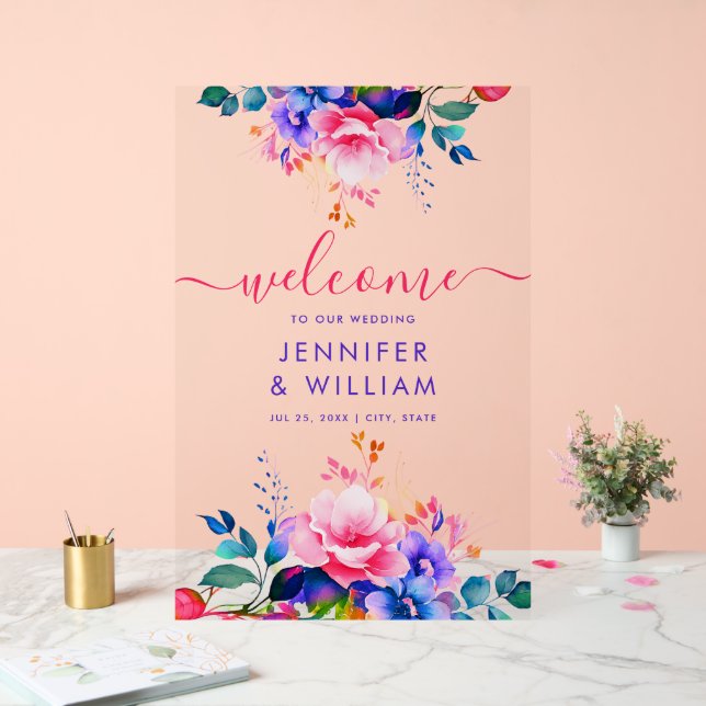 Rainbow Garden Floral Script Wedding Welcome Acrylic Sign (Wedding)