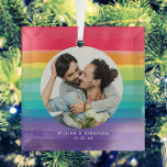 Rainbow Gay Couple Photo Personalized Christmas Glass Ornament<br><div class="desc">Show off your love with this beautiful commemorative gay wedding Christmas ornament. A colourful rainbow surrounds the happy LGBTQ couple. Add the newlywed names and anniversary date on the pretty purple colour.</div>