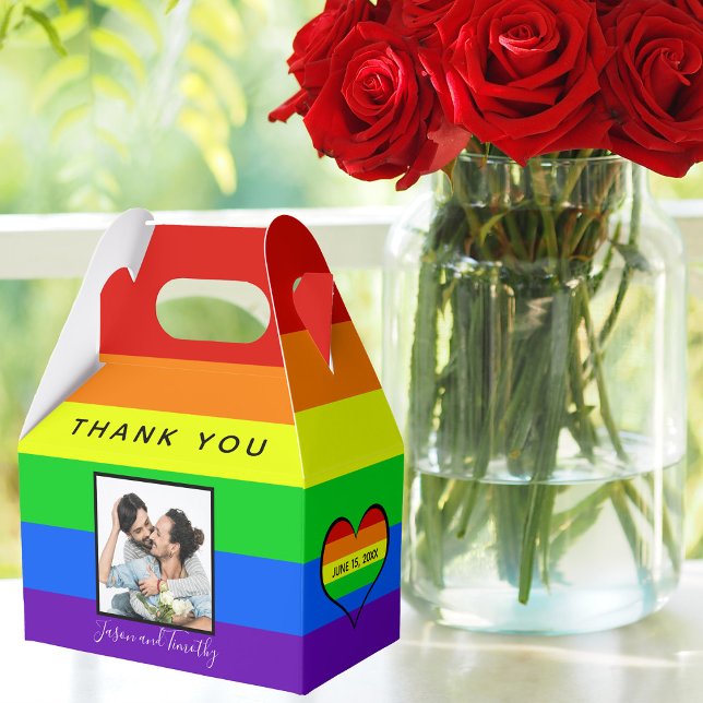 Rainbow Gay Pride Couple Photo Striped Wedding Favor Box (Creator Uploaded)