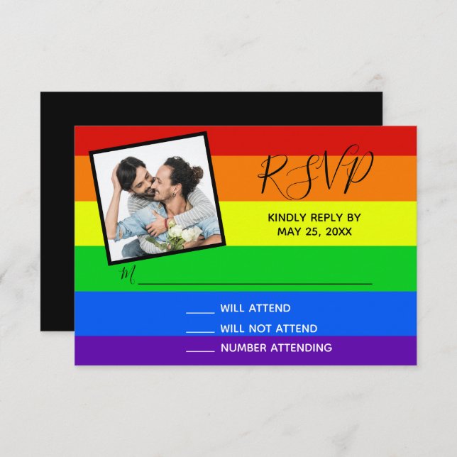 Rainbow Gay Pride Couple Photo Striped Wedding RSVP Card (Front/Back)