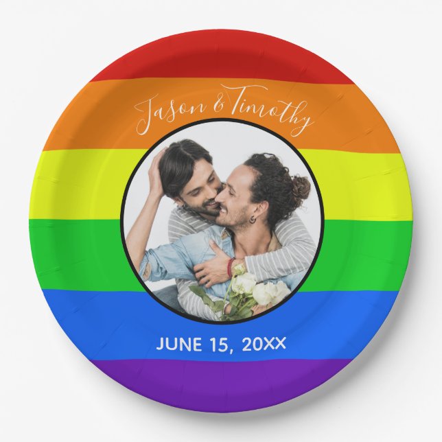 Rainbow Gay Pride Custom Couple Photo Bold Wedding Paper Plate (Front)