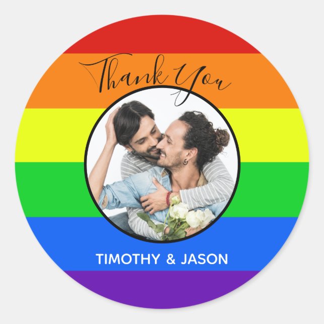 Rainbow Gay Pride Custom Photo Thank You Wedding Classic Round Sticker (Front)
