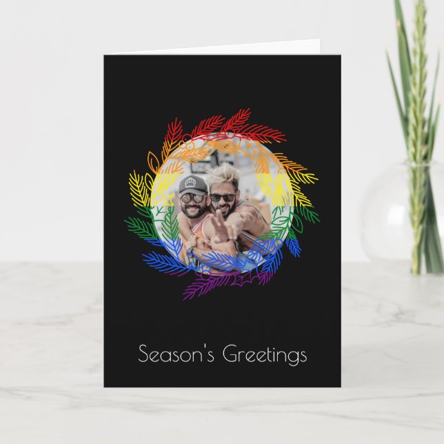 Rainbow Gay Pride Holiday Photo Christmas Wreath Card (Front)