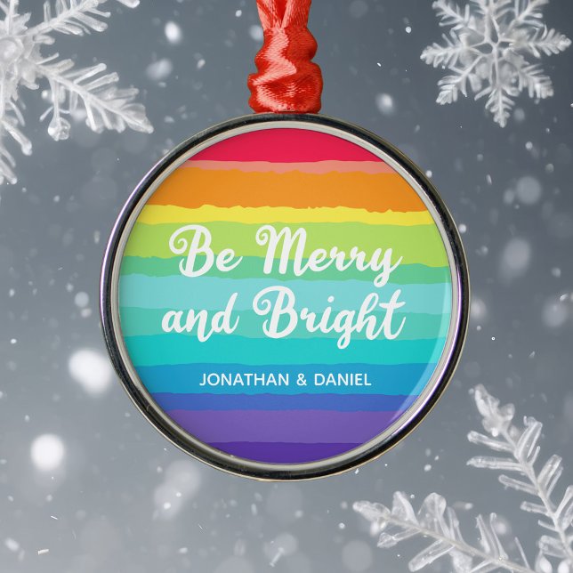 Rainbow Gay Pride Merry & Bright Custom Christmas Metal Ornament (Creator Uploaded)