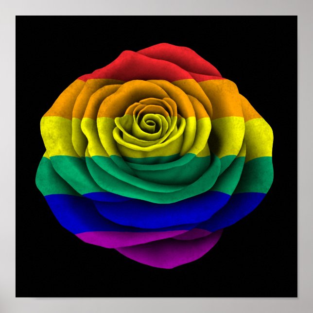 Rainbow Gay Pride Rose Flag on Black Poster (Front)