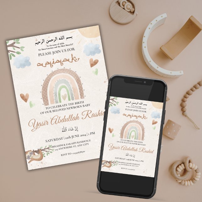 Rainbow Gender Neutral Newborn Baby Aqiqah Muslim Invitation (Rainbow Gender Neutral Newborn Baby Aqiqah Muslim Invitation)