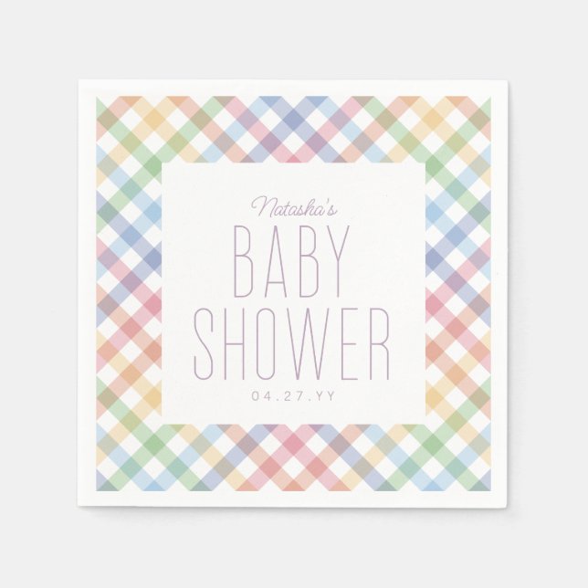 Rainbow gingham plaid cute pastel baby shower napkin (Front)