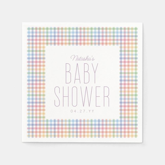 Rainbow gingham plaid cute pastel baby shower napkin (Front)