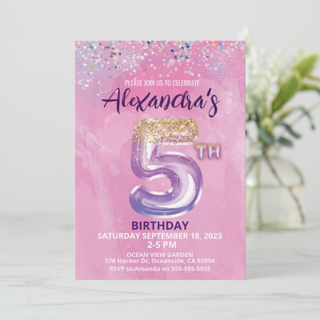 Rainbow Girl Foil Balloon 5th Birthday Invitation (Standing Front)