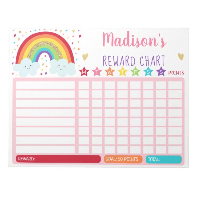 Rainbow Girls Reward Chart Chore Chart Pink Gold Notepad (Front)