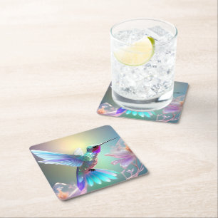Rainbow Glass Hummingbird,  Square Paper Coaster