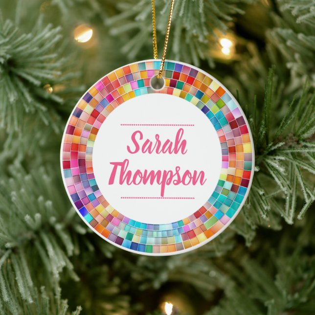 Rainbow Glass Mosaic Circle Frame Name Ceramic Ornament (Tree)