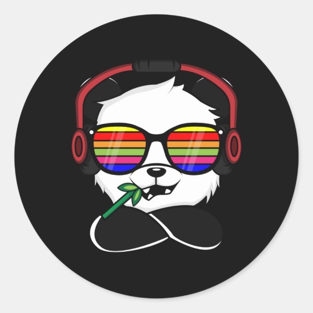 Rainbow Glasses Cool Panda - Headphones Over Ear Classic Round Sticker (Front)