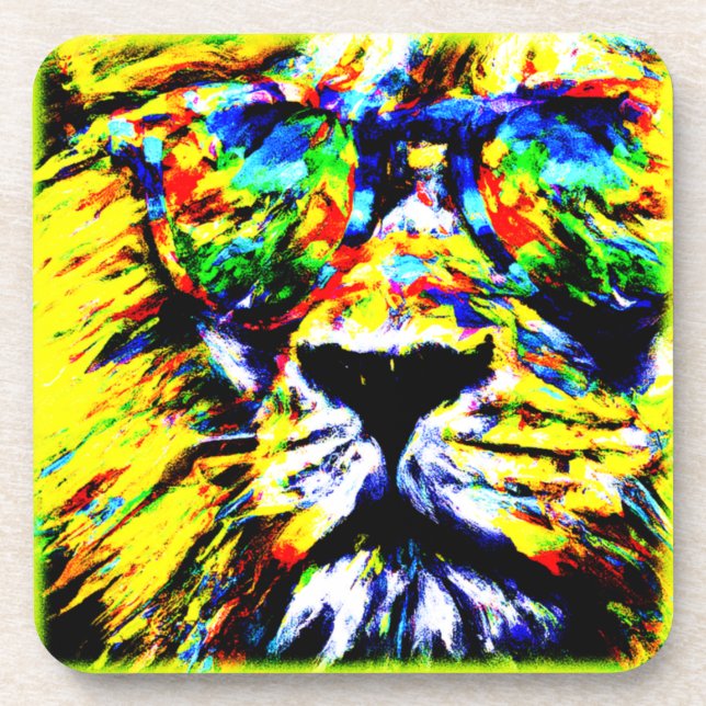 Rainbow Glasses Lion Painting. Buy Now Coaster (Front)