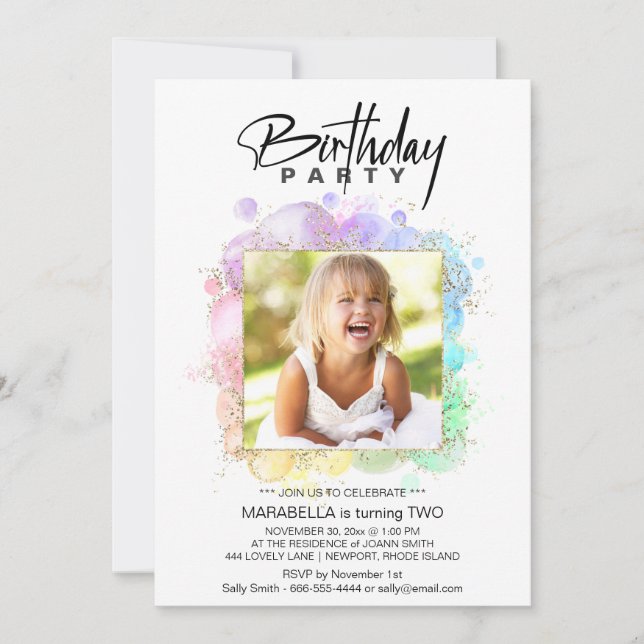 *~* Rainbow Glitter 2 TWO AR21  Photo  Birthday Invitation (Front)