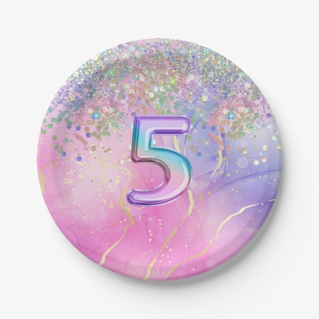 Rainbow Glitter 5th Birthday Party  Paper Plate (Front)