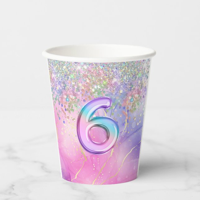 Rainbow Glitter 6th Birthday Party  Paper Cups (Front)