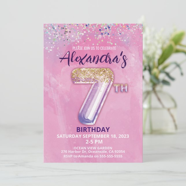 Rainbow Glitter 7th Birthday Girl Party Invitation (Standing Front)