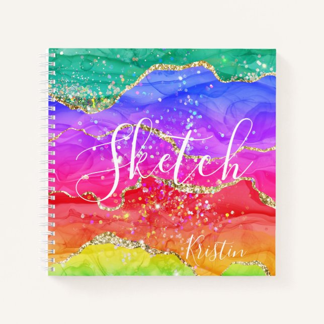 Rainbow Glitter  Abstract Your Name Sketchbook Notebook (Front)
