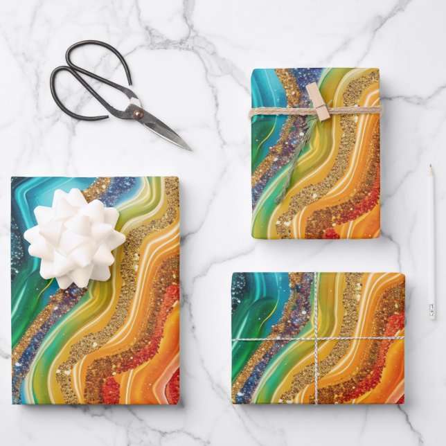 Rainbow glitter agate pattern party wrapping paper sheet (Front)