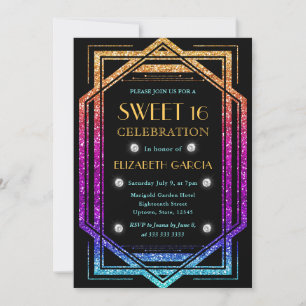 Rainbow Glitter Art Deco Vintage Frame Sweet 16 Invitation