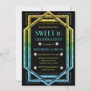 Rainbow Glitter Art Deco Vintage Frame Sweet 16 Invitation