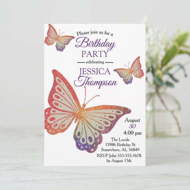 Rainbow Glitter Butterfly Birthday Invitation (Standing Front)