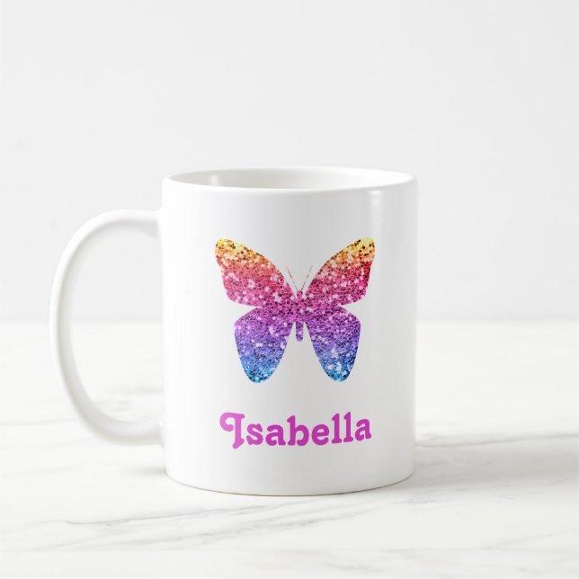 Rainbow Glitter Butterfly Cute Girly Personalized Coffee Mug (Left)