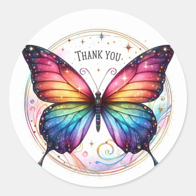 Rainbow Glitter Butterfly - Thank you - Classic Round Sticker (Front)
