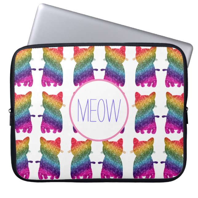 Rainbow Glitter Cat Artistic Fun Custom Pattern Laptop Sleeve (Front)