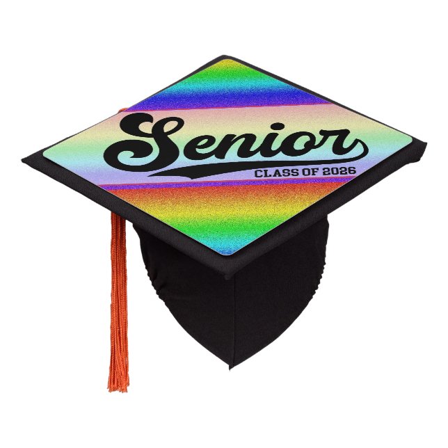 Rainbow Glitter Class of 2026 Script Design Graduation Cap Topper (Angled)