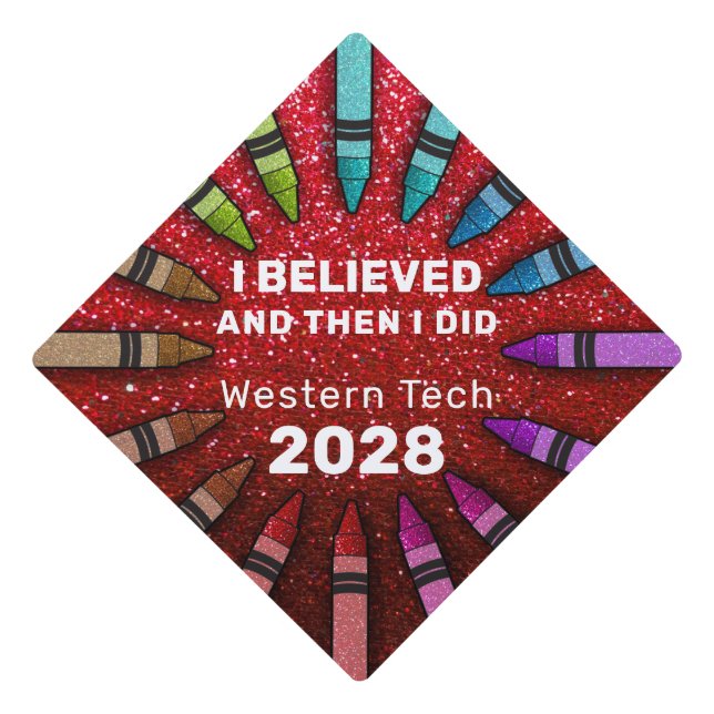 Rainbow Glitter Crayons Elementary School Teacher Graduation Cap Topper (Front)