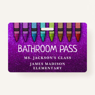 Rainbow Glitter Crayons Teacher Bathroom Hall Pass Badge