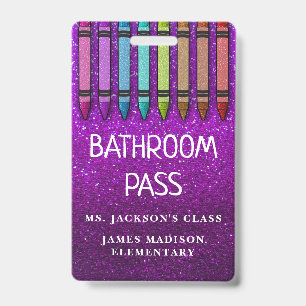 Rainbow Glitter Crayons Teacher Bathroom Hall Pass Badge