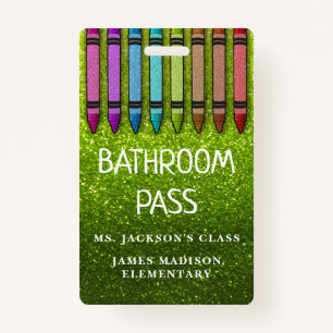Rainbow Glitter Crayons Teacher Bathroom Hall Pass Badge