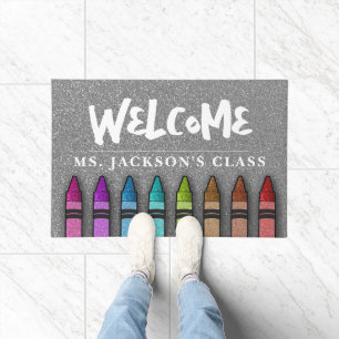 Rainbow Glitter Crayons Teacher Classroom School Doormat