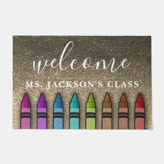 Rainbow Glitter Crayons Teacher Classroom School Doormat