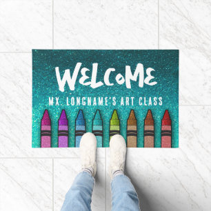 Rainbow Glitter Crayons Teacher Classroom School Doormat