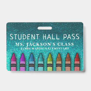 Rainbow Glitter Crayons Teacher School Hall Pass Badge