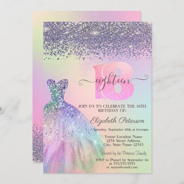 Rainbow Glitter Dress Diamonds 18th Birthday Invitation (Front/Back)